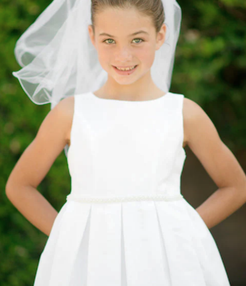 Classic Pleated Girls Dress with Pearl Trim