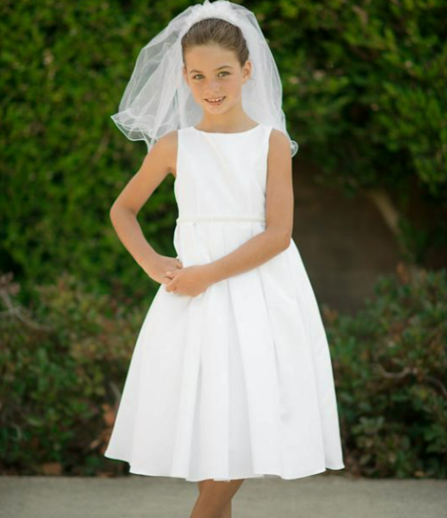 Classic Pleated Girls Dress with Pearl Trim