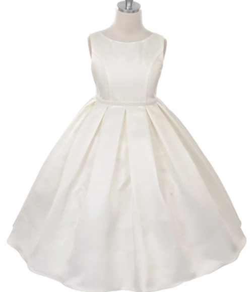 Classic Pleated Girls Dress with Pearl Trim