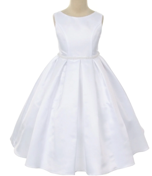 Classic Pleated Girls Dress with Pearl Trim