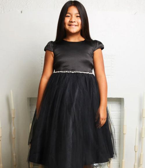 Satin & Tulle Dress with Pearl & Rhinestone Trim-Multiple Colors