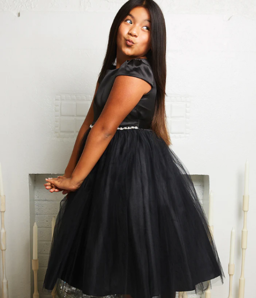 Satin & Tulle Dress with Pearl & Rhinestone Trim-Multiple Colors