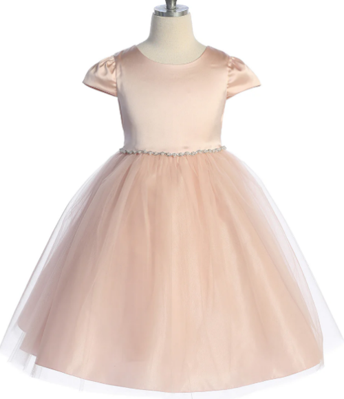 Satin & Tulle Dress with Pearl & Rhinestone Trim-Multiple Colors