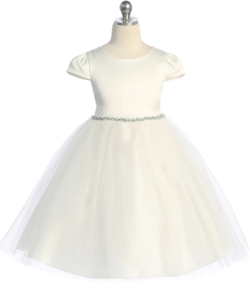 Satin & Tulle Dress with Pearl & Rhinestone Trim-Multiple Colors