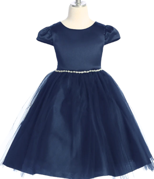 Satin & Tulle Dress with Pearl & Rhinestone Trim-Multiple Colors