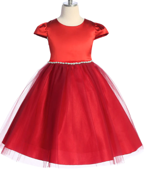 Satin & Tulle Dress with Pearl & Rhinestone Trim-Multiple Colors