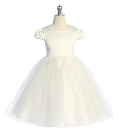 Capped Sleeve Satin & Tulle Girls Dress-Multiple Colors
