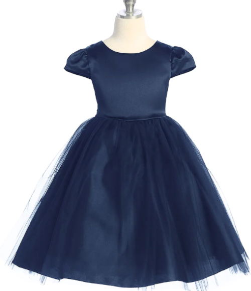 Capped Sleeve Satin & Tulle Girls Dress-Multiple Colors