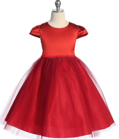 Capped Sleeve Satin & Tulle Girls Dress-Multiple Colors