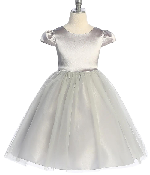 Capped Sleeve Satin & Tulle Girls Dress-Multiple Colors