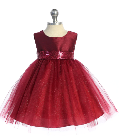 Burgundy Sequins V Back & Bow Baby Dress