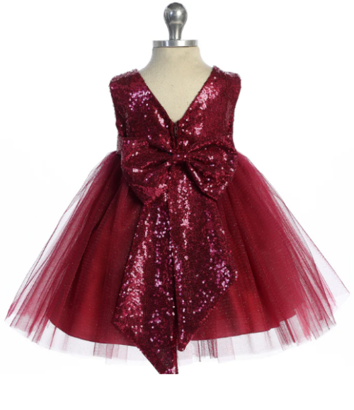 Burgundy Sequins V Back & Bow Baby Dress