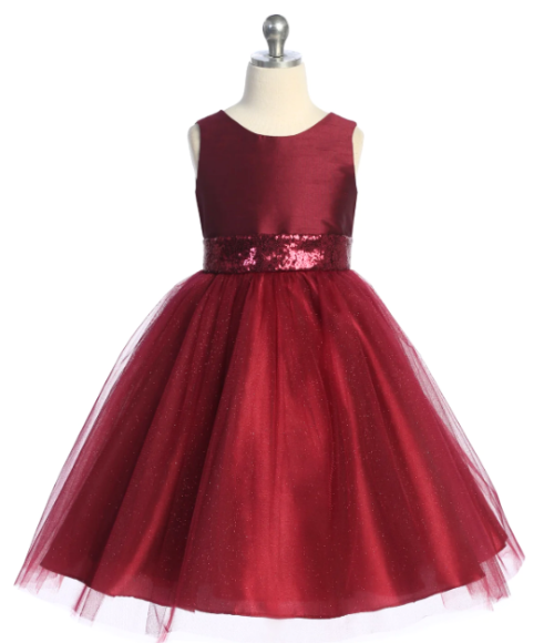 Burgundy Sequins V Back & Bow Girls Dress