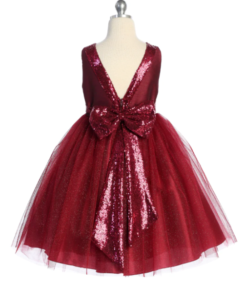 Burgundy Sequins V Back & Bow Girls Dress