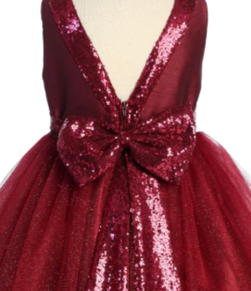 Burgundy Sequins V Back & Bow Girls Dress