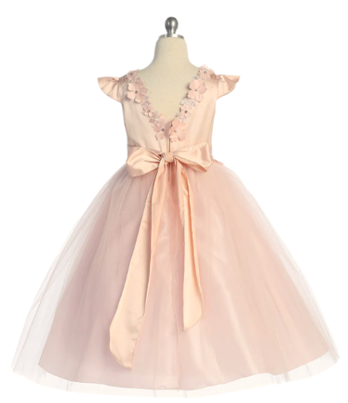 Floral Trim Satin & Tulle Girls Dress-Multiple Colors