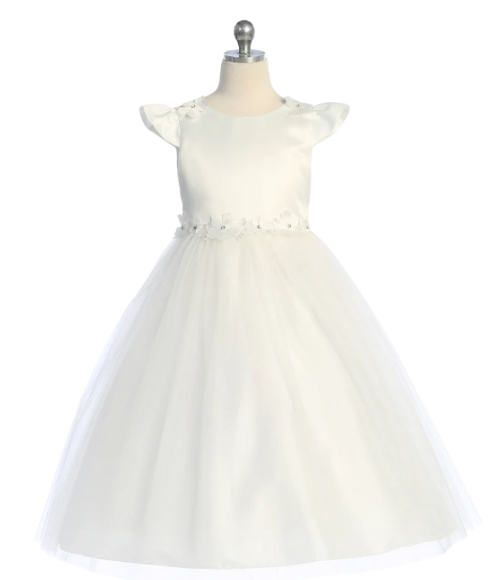 Floral Trim Satin & Tulle Girls Dress-Multiple Colors