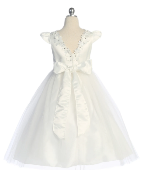 Floral Trim Satin & Tulle Girls Dress-Multiple Colors