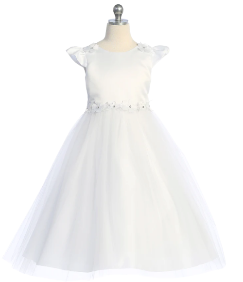 Floral Trim Satin & Tulle Girls Dress-Multiple Colors