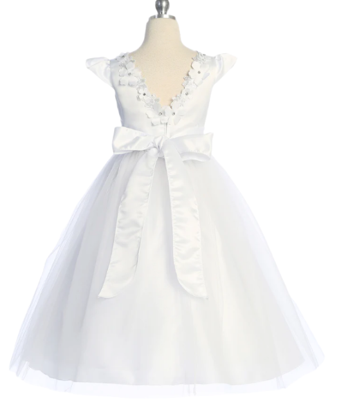 Floral Trim Satin & Tulle Girls Dress-Multiple Colors