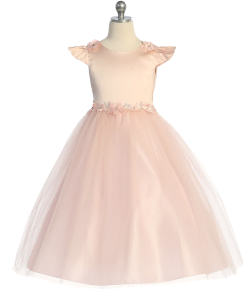 Floral Trim Satin & Tulle Girls Dress-Multiple Colors