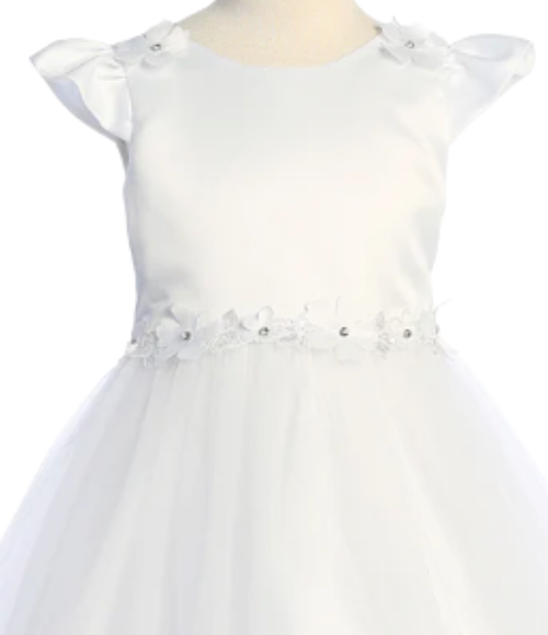 Floral Trim Satin & Tulle Girls Dress-Multiple Colors