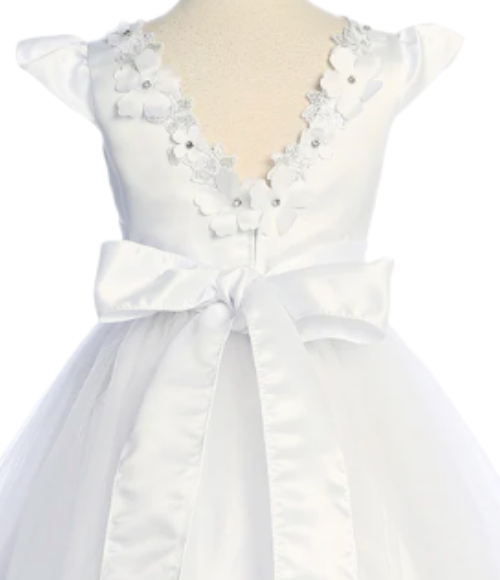 Floral Trim Satin & Tulle Girls Dress-Multiple Colors