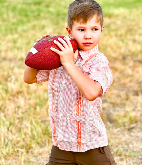 BQ Boys Burnt Orange Check Guayabera Shirt