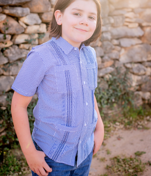 BQ Boys Navy Check Guayabera Shirt