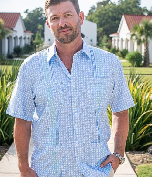 BQ Blue Cane Lattice Men's Guayabera Shirt
