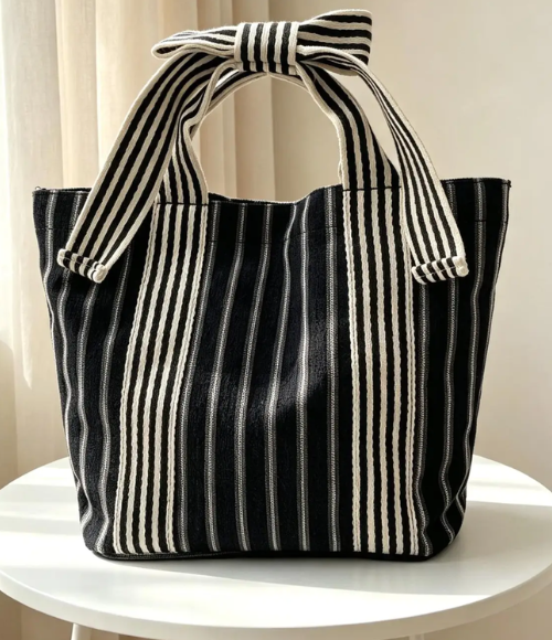Canvas Striped Bow Handled Tote