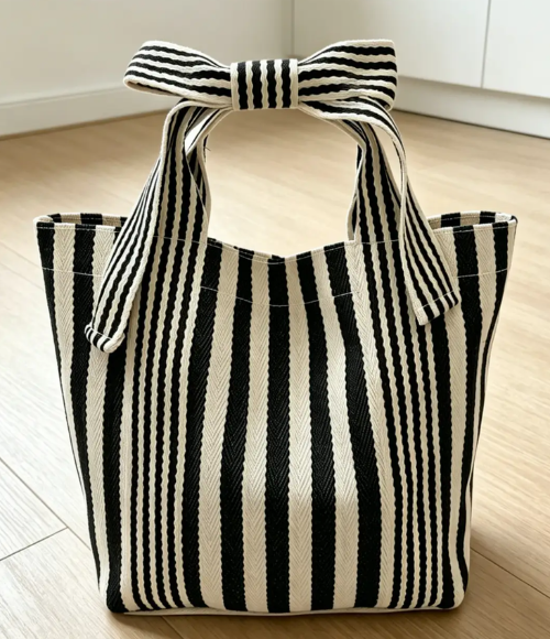 Canvas Striped Bow Handled Tote