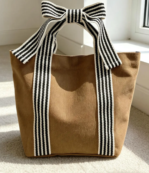 Canvas Striped Bow Handled Tote