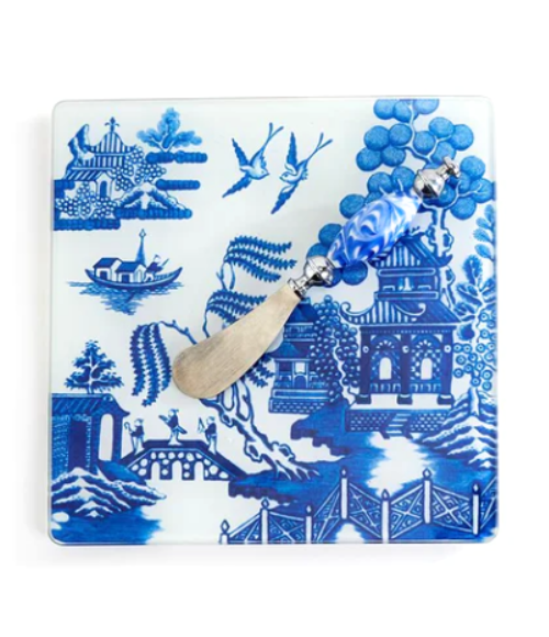 Chinoiserie Glass Serving Board with Spreader