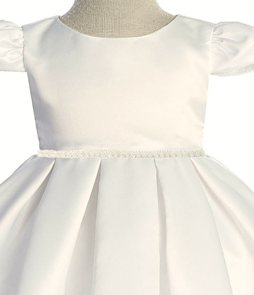Classic Pleated Ivory Pearl Trim Baby Dress, 6M