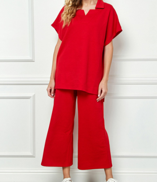 Red Collared Textured Lounge Set