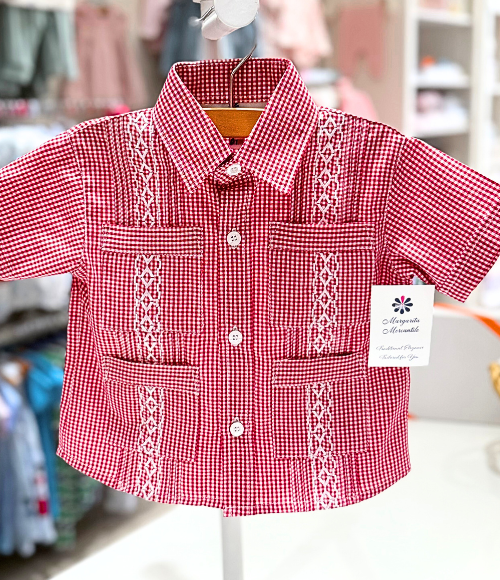 Deep Red Gingam Guayabera