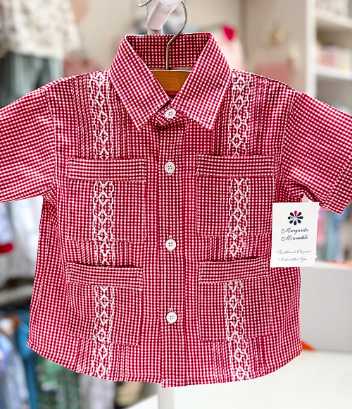 Deep Red Gingam Guayabera