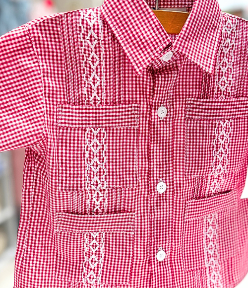 Deep Red Gingam Guayabera