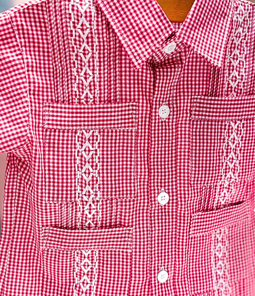 Deep Red Gingam Guayabera