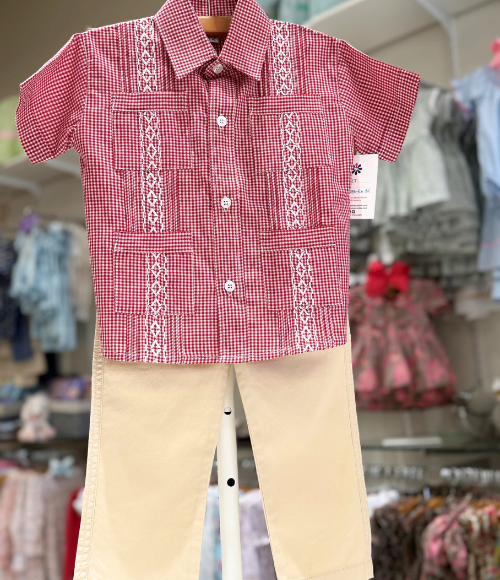 Deep Red Gingam Guayabera