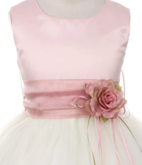 Dusty Rose Top Satin Flower Petal Dress w/Organza Sash, Size 10