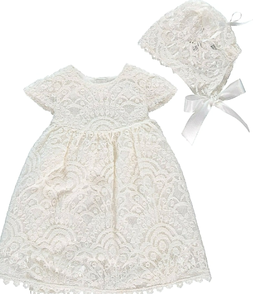 Elegant Lace Baby Dress & Bonnet