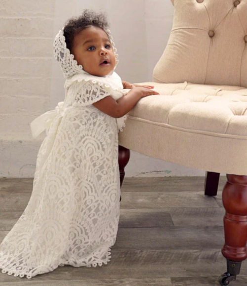 Elegant Lace Christening Gown & Bonnet