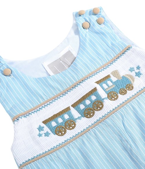 Gingham Train Smocked Overalls