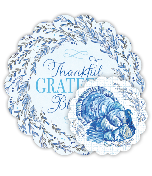 Hand Painted Blue Chinoiserie Turkey Doily Set