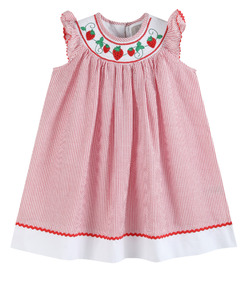 Strawberry Seersucker Smocked Bishop Dress