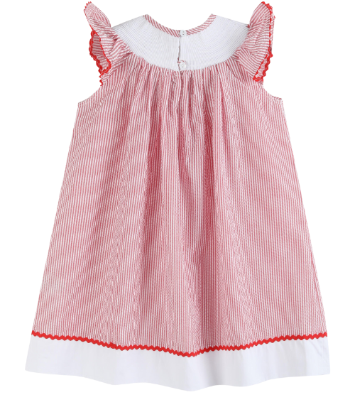 Strawberry Seersucker Smocked Bishop Dress