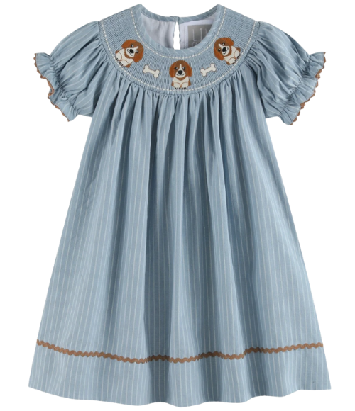Light Blue Puppy Smocked Bishop Dress