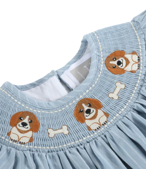Light Blue Puppy Smocked Bishop Dress